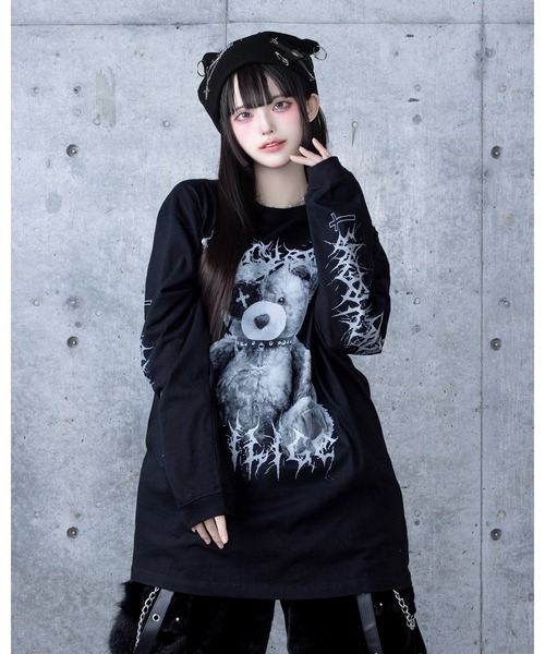 Amilige（アミリージュ）の「Toxic TeddyプリントロングTシャツ（Tシャツ/カットソー・レディース・ホワイト/ブラック×グレー/ブラック×パープル・FREE）」の8枚目の写真