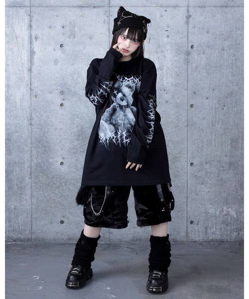 Amilige（アミリージュ）の「Toxic TeddyプリントロングTシャツ（Tシャツ/カットソー・レディース・ホワイト/ブラック×グレー/ブラック×パープル・FREE）」の13枚目の写真