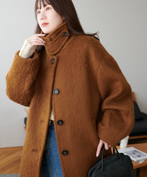 【DISCOAT】ステンカラーシャギーミドルコート Free size ★美品★ DISCOAT】ステンカラーシャギーミドルコート Free size ☆美品