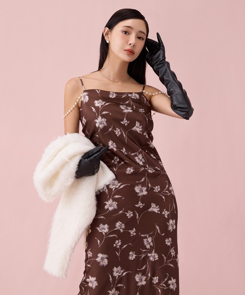 セール】フラワーモチーフパールストラップキャミワンピース