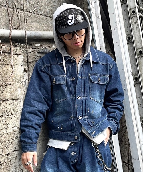 MandO（Auntie Rosa）（エムオー）の「ウォッシュペイントデニムジャケット/セットアップ着用可（デニムジャケット・メンズ・インディゴブルー/ブラック・LARGE/MEDIUM）」の2枚目の写真