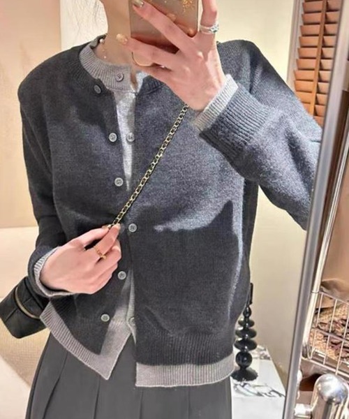 LUMIRA（アパレル）（ルミラ）の「フェイクレイヤード 長袖 ニットカーディガン（カーディガン/ボレロ・レディース・ライトグレー/ダークグレー・FREE）」の3枚目の写真