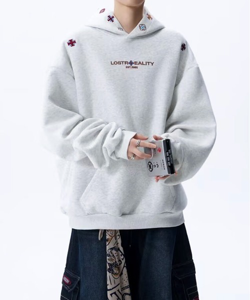 JOHNNY WOLF(ジョニーウルフ)の「LECIA クロスフーディー EXヘビーウェイト コットン オーバーサイズ パーカー(パーカー・メンズ・ブラック/ライトグレー/ネイビー・M/L/XL)」の19枚目の写真