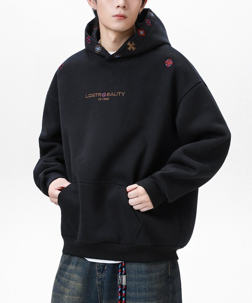 JOHNNY WOLF(ジョニーウルフ)の「LECIA クロスフーディー EXヘビーウェイト コットン オーバーサイズ パーカー(パーカー・メンズ・ブラック/ライトグレー/ネイビー・M/L/XL)」の13枚目の写真