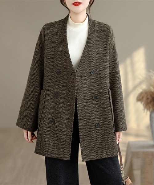 セール】ヘリンボーン柄ダブルボタンコート（チェスターコート）｜ONEP