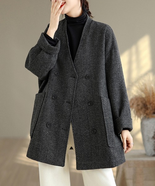完売品♡ジャーナルスタンダード ウール ヘリンボーンデザインワイドコート セール】ヘリンボーン柄ダブルボタンコート（チェスターコート）｜ONEP