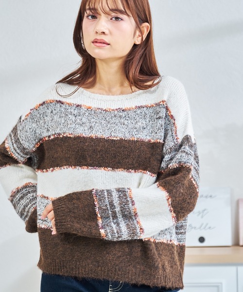 MISCH MASCH(ミッシュマッシュ)の「ZOZO限定 ジャガード配色ボーダーニット(ニット/セーター・レディース・グレー/ブラウン・フリ-)」の1枚目の写真