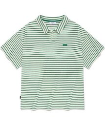 テリーストライプオープンカラーTシャツグリーン