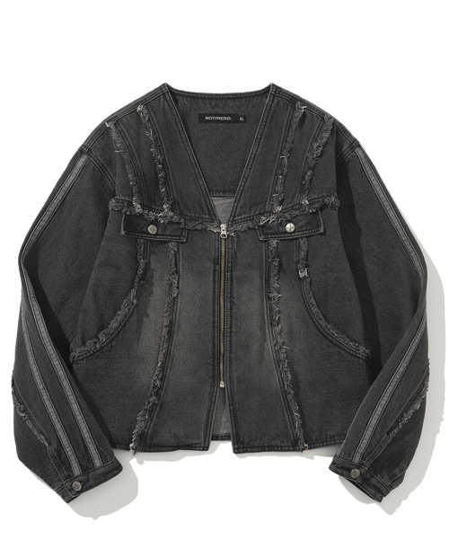 NOT4NERD(�m�b�g�t�H�[�i�[�h)��Cut Off Side Line V-Neck Denim Jacket - Black(�f�j���W���P�b�g)
