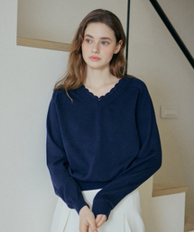 YUPPE（ヨッペ）の「LACE V NECK KNIT_NAVY（ニット/セーター）」