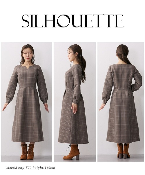 大きい胸専用】スタイルアップチェックフレアワンピース（ポケット付