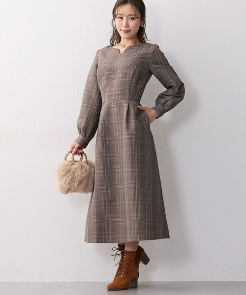 大きい胸専用】スタイルアップチェックフレアワンピース（ポケット付