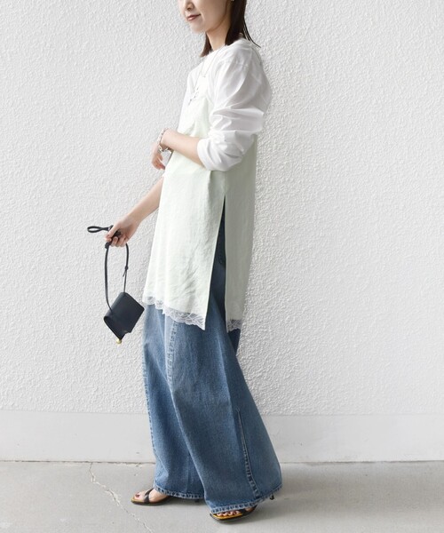 SHIPS（シップス）の「〈洗濯機可能〉ダル サテン レース スリット キャミソール（キャミソール・レディース・オフホワイト/ライトグリーン・ONE SIZE）」の13枚目の写真