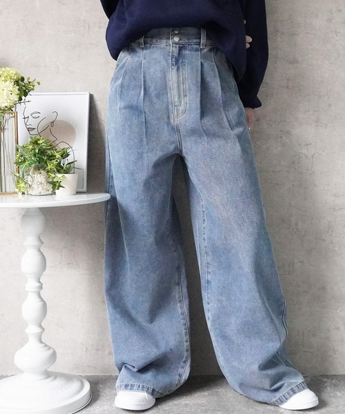 SELECT LEVERY（セレクトリベリー）の「ハイウエストデニムタックワイドパンツ（デニムパンツ・レディース・ネイビー/ブルー/ワンウォッシュ・X-LARGE/LARGE/MEDIUM/SMALL）」の3枚目の写真