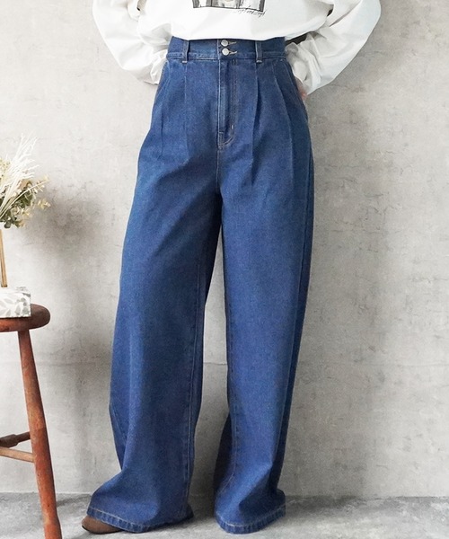 SELECT LEVERY（セレクトリベリー）の「ハイウエストデニムタックワイドパンツ（デニムパンツ・レディース・ネイビー/ブルー/ワンウォッシュ・X-LARGE/LARGE/MEDIUM/SMALL）」の4枚目の写真
