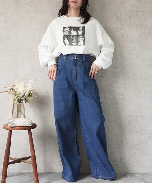 SELECT LEVERY（セレクトリベリー）の「ハイウエストデニムタックワイドパンツ（デニムパンツ・レディース・ネイビー/ブルー/ワンウォッシュ・X-LARGE/LARGE/MEDIUM/SMALL）」の5枚目の写真