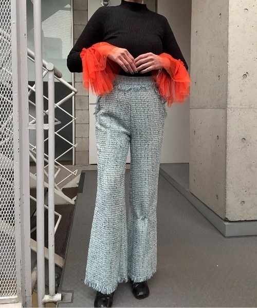 ENCLOSURE(エンクロージャー)の「【ENCLOSURE】Tweed fringe wide pants(その他パンツ・レディース・グリーン/ブラウン/ブルー・FREE)」の3枚目の写真