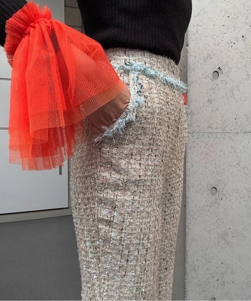 ENCLOSURE(エンクロージャー)の「【ENCLOSURE】Tweed fringe wide pants(その他パンツ・レディース・グリーン/ブラウン/ブルー・FREE)」の4枚目の写真