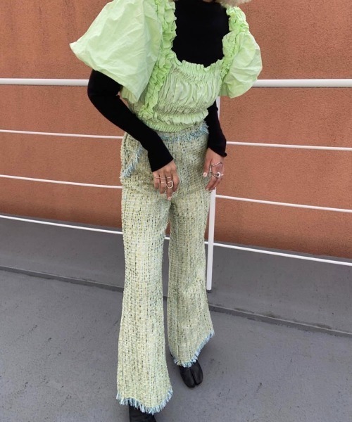 ENCLOSURE(エンクロージャー)の「【ENCLOSURE】Tweed fringe wide pants(その他パンツ・レディース・グリーン/ブラウン/ブルー・FREE)」の6枚目の写真