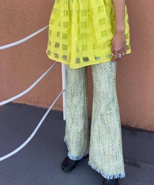ENCLOSURE(エンクロージャー)の「【ENCLOSURE】Tweed fringe wide pants(その他パンツ・レディース・グリーン/ブラウン/ブルー・FREE)」の7枚目の写真