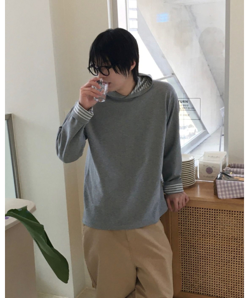 TOFFEE(トフィー)の「ストライプフードロングスリーブ (グレー)(パーカー・メンズ・その他・SMALL/MEDIUM/LARGE/X-LARGE)」の1枚目の写真