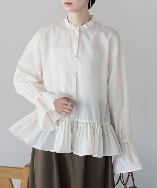 r.（アールドット）の「裾フリルブラウス（シャツ/ブラウス・レディース・ホワイト/ブルー/キナリ/ブラック・FREE）」の7枚目の写真
