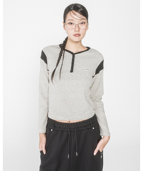 HAVISM(ヘビズム)の「STRIPE SHOULDER BLOCK HENRY L/S TEE(IVORY)(Tシャツ/カットソー・レディース・その他・ONE SIZE)」の1枚目の写真