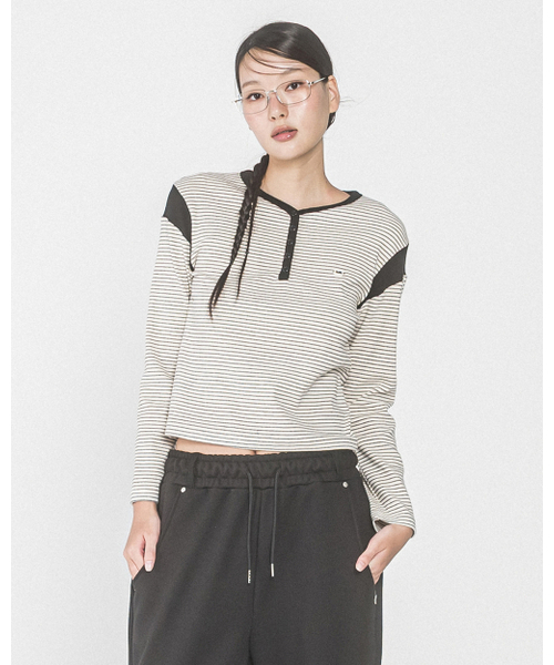 HAVISM(ヘビズム)の「STRIPE SHOULDER BLOCK HENRY L/S TEE(IVORY)(Tシャツ/カットソー・レディース・その他・ONE SIZE)」の3枚目の写真