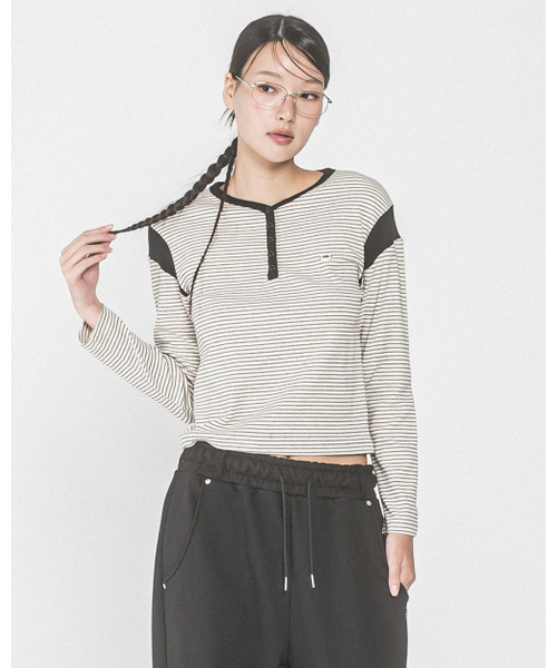 HAVISM(ヘビズム)の「STRIPE SHOULDER BLOCK HENRY L/S TEE(IVORY)(Tシャツ/カットソー・レディース・その他・ONE SIZE)」の4枚目の写真
