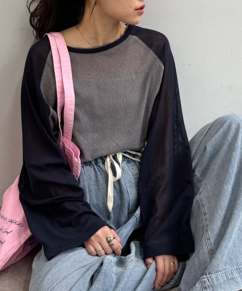 CIAOPANIC TYPY(チャオパニックティピー)の「【一枚で決まる/前後2WAY】シアーラグランヘンリーネックTee(Tシャツ/カットソー・レディース・グレー/イエロー/アイボリー/ミント・ONE SIZE)」の5枚目の写真