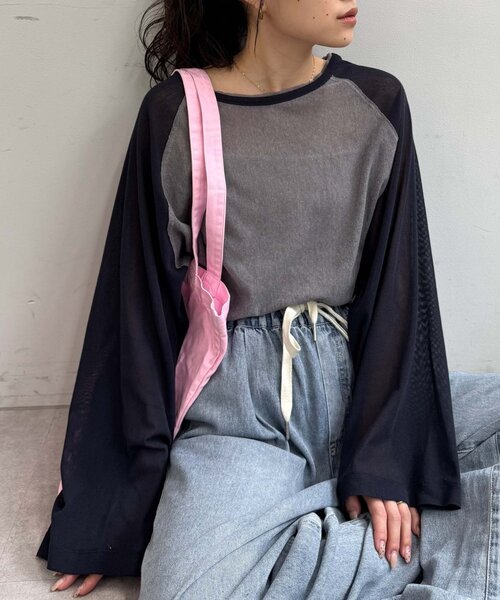 CIAOPANIC TYPY(チャオパニックティピー)の「【一枚で決まる/前後2WAY】シアーラグランヘンリーネックTee(Tシャツ/カットソー・レディース・グレー/イエロー/アイボリー/ミント・ONE SIZE)」の6枚目の写真