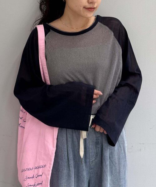 CIAOPANIC TYPY(チャオパニックティピー)の「【一枚で決まる/前後2WAY】シアーラグランヘンリーネックTee(Tシャツ/カットソー・レディース・グレー/イエロー/アイボリー/ミント・ONE SIZE)」の7枚目の写真