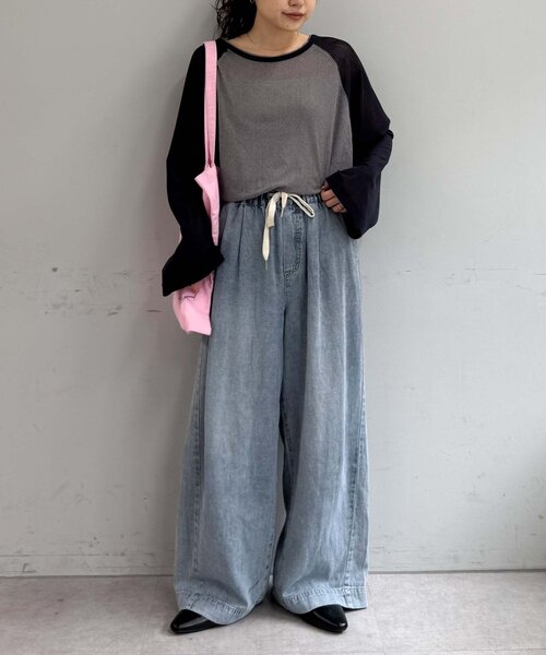 CIAOPANIC TYPY(チャオパニックティピー)の「【一枚で決まる/前後2WAY】シアーラグランヘンリーネックTee(Tシャツ/カットソー・レディース・グレー/イエロー/アイボリー/ミント・ONE SIZE)」の10枚目の写真