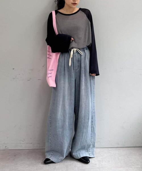 CIAOPANIC TYPY(チャオパニックティピー)の「【一枚で決まる/前後2WAY】シアーラグランヘンリーネックTee(Tシャツ/カットソー・レディース・グレー/イエロー/アイボリー/ミント・ONE SIZE)」の11枚目の写真