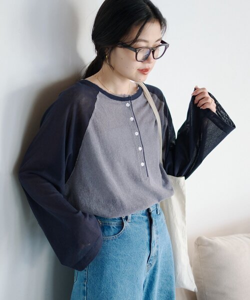 CIAOPANIC TYPY(チャオパニックティピー)の「【一枚で決まる/前後2WAY】シアーラグランヘンリーネックTee(Tシャツ/カットソー・レディース・グレー/イエロー/アイボリー/ミント・ONE SIZE)」の13枚目の写真