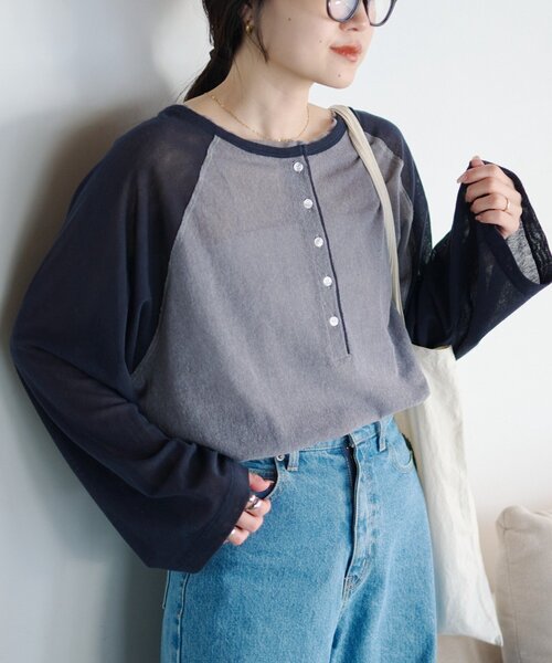 CIAOPANIC TYPY(チャオパニックティピー)の「【一枚で決まる/前後2WAY】シアーラグランヘンリーネックTee(Tシャツ/カットソー・レディース・グレー/イエロー/アイボリー/ミント・ONE SIZE)」の14枚目の写真
