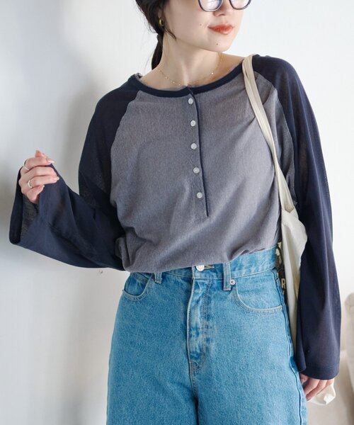CIAOPANIC TYPY(チャオパニックティピー)の「【一枚で決まる/前後2WAY】シアーラグランヘンリーネックTee(Tシャツ/カットソー・レディース・グレー/イエロー/アイボリー/ミント・ONE SIZE)」の16枚目の写真