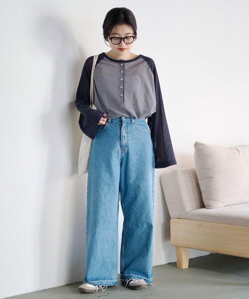 CIAOPANIC TYPY(チャオパニックティピー)の「【一枚で決まる/前後2WAY】シアーラグランヘンリーネックTee(Tシャツ/カットソー・レディース・グレー/イエロー/アイボリー/ミント・ONE SIZE)」の21枚目の写真