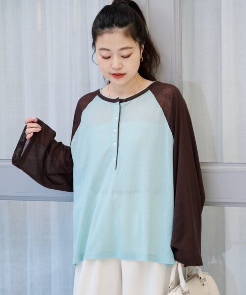CIAOPANIC TYPY(チャオパニックティピー)の「【一枚で決まる/前後2WAY】シアーラグランヘンリーネックTee(Tシャツ/カットソー・レディース・グレー/イエロー/アイボリー/ミント・ONE SIZE)」の9枚目の写真