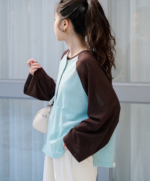 CIAOPANIC TYPY(チャオパニックティピー)の「【一枚で決まる/前後2WAY】シアーラグランヘンリーネックTee(Tシャツ/カットソー・レディース・グレー/イエロー/アイボリー/ミント・ONE SIZE)」の10枚目の写真