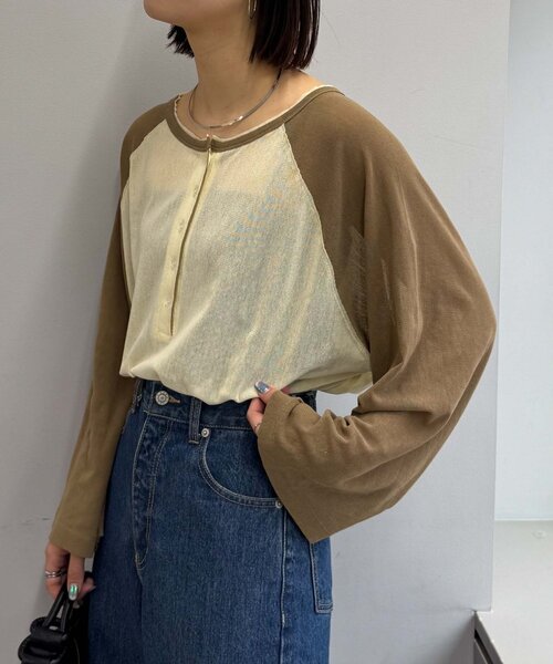CIAOPANIC TYPY(チャオパニックティピー)の「【一枚で決まる/前後2WAY】シアーラグランヘンリーネックTee(Tシャツ/カットソー・レディース・グレー/イエロー/アイボリー/ミント・ONE SIZE)」の17枚目の写真