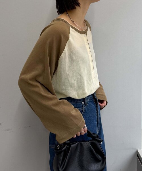 CIAOPANIC TYPY(チャオパニックティピー)の「【一枚で決まる/前後2WAY】シアーラグランヘンリーネックTee(Tシャツ/カットソー・レディース・グレー/イエロー/アイボリー/ミント・ONE SIZE)」の18枚目の写真