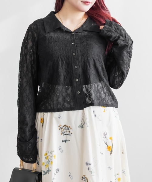 CLETTE(クレット)の「CLETTEオリジナルストレッチレースシャツ(シャツ/ブラウス・レディース・サックスブルー/ブラック/アイボリー・3L/LL/4L)」の2枚目の写真