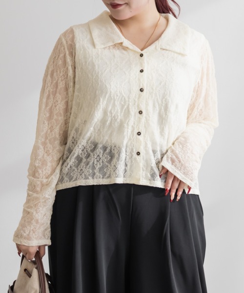 CLETTE(クレット)の「CLETTEオリジナルストレッチレースシャツ(シャツ/ブラウス・レディース・サックスブルー/ブラック/アイボリー・3L/LL/4L)」の4枚目の写真