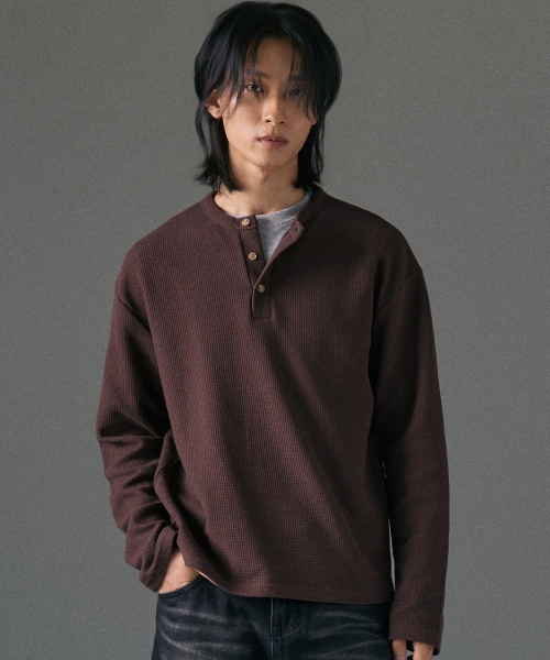 ワッフルヘンリーネッククロップTシャツ[ブラウン]（Tシャツ