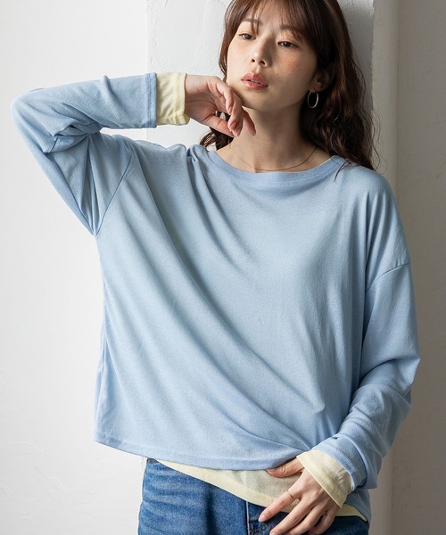VitaFelice（ヴィータフェリーチェ）の「ストレッチシアークルーネック長袖トップス 春服（Tシャツ/カットソー・レディース・ブルー/グリーン/イエロー/ブラック/ホワイト・FREE）」の5枚目の写真