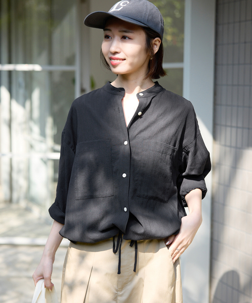 SLOBE IENA(スローブイエナ)の「《WEB限定/追加》シアーストライプ5分袖 バンドカラーブラウス(シャツ/ブラウス・レディース・ブラック/レッド・FREE)」の5枚目の写真