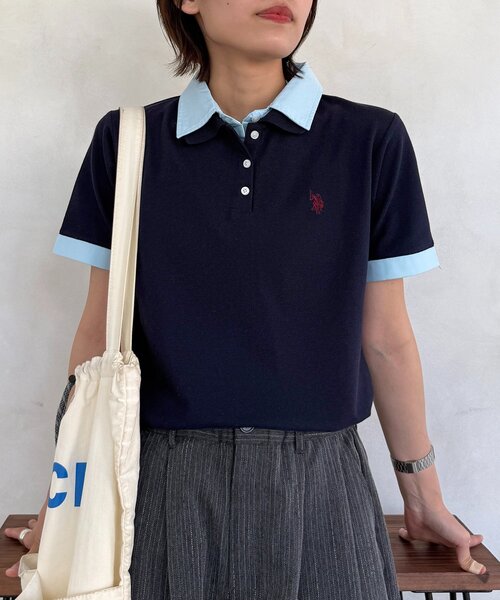 U.S. POLO ASSN.(ユーエスポロアッスン)の「フェイクレイヤード鹿の子ポロ(ポロシャツ・レディース・ブラウン/ネイビー/ベージュ/チャコールグレー・FREE)」の4枚目の写真