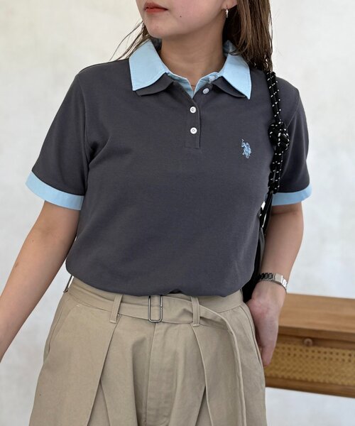 U.S. POLO ASSN.(ユーエスポロアッスン)の「フェイクレイヤード鹿の子ポロ(ポロシャツ・レディース・ブラウン/ネイビー/ベージュ/チャコールグレー・FREE)」の9枚目の写真