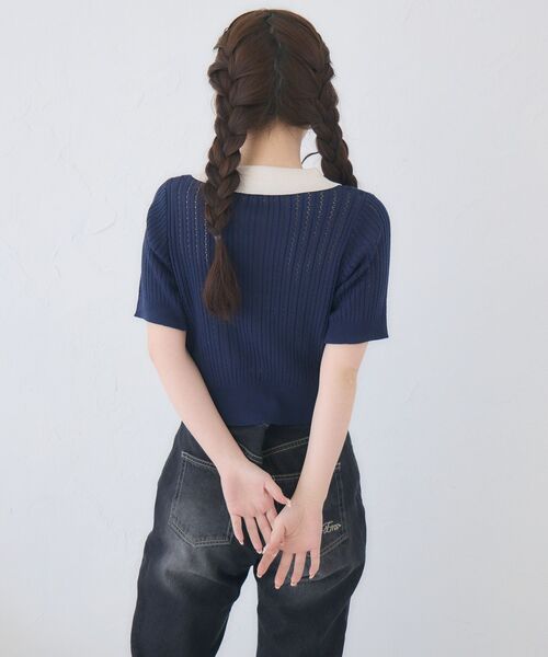 ems excite(エムズエキサイト)の「襟付きスカシ編みニット(ニット/セーター・レディース・ナチュラル/ブラック系その他3/ダークブルー・FREE)」の7枚目の写真